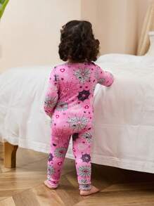 SHEIN Baby Girls' Snug Fit Coverall With Pink Background & Cool Spider Web Print, Long Sleeve, Long Length - Pink - View 2