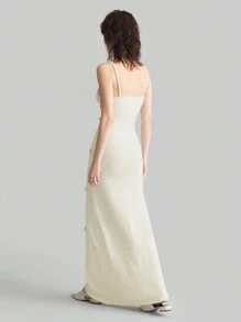 Ontre 2025 新款女士优雅纯色 3D 花卉装饰紧身长款毛衣连衣裙，情人节，春季 - 杏色 - 查看 2