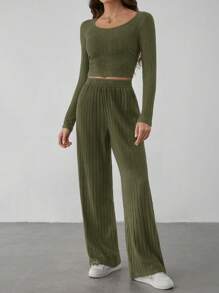 SHEIN Tall Women Solid Color Long Sleeve Simple Top And Pants Casual Suit - Army Green - View 3