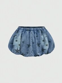 ROMWE Kawaii Yıldız Desenli Yıkanmış Volanlı Kot Mini Etek - Mavi - Görünüm 1