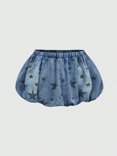 Kawaii Star Print Washed Ruffle Denim Mini Skirt