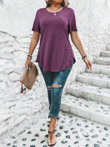 SHEIN LUNE Tricou casual de mărime mare, uni, la modă și potrivit pentru purtarea de zi cu zi - Violet - Vizualizare 7