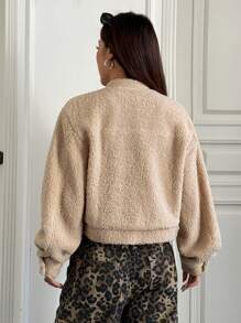 SHEIN EZwear 女士纯色前扣开合长袖口袋简约休闲夹克，日常穿着