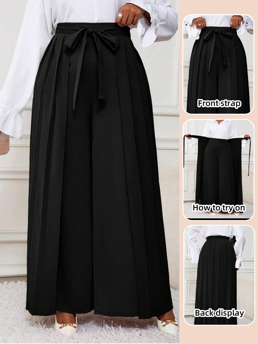 SHEIN Lady 春夏秋冬优雅香槟色编织褶皱长款大码裤子秋季女装冬季女装 - 黑色 - 查看 1