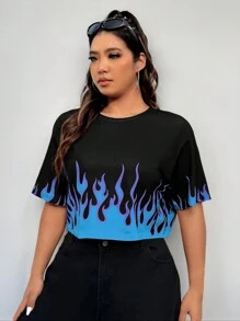 Coolane Plus Size Women Flame Print Round Neck Short Sleeve Cropped Casual T-Shirt For Summer - Blue - View 3