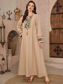 Al Najma 女士春夏 3D 花卉提花束腰连衣裙和阿巴亚长袍，土耳其和阿拉伯传统朴素长袍