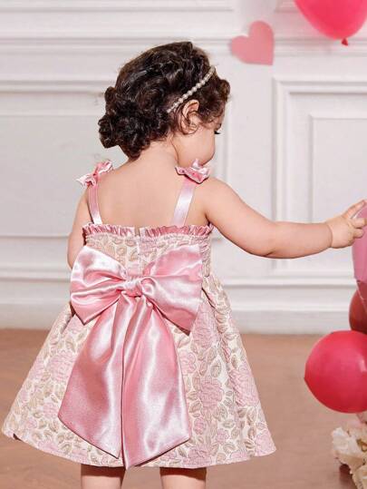 SHEIN Fern Glow  1pc Baby Girls' Princess Style Jacquard Bow Decor Slip Dress, Party Dress, For Christmas