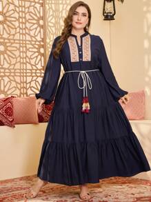 Al Najma 女士立领灯笼袖飘逸农家连衣裙，抽绳和流苏饰边，加大码，舒适亚麻混纺 - 藍色 - 查看 1
