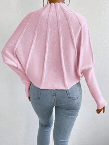 Chiquease Women's Solid Color Stand Collar Batwing Sleeve Casual Pullover Sweater, Autumn And Winter,Long Sleeve Tops, Knit Pullover Fall - Pink - View 2