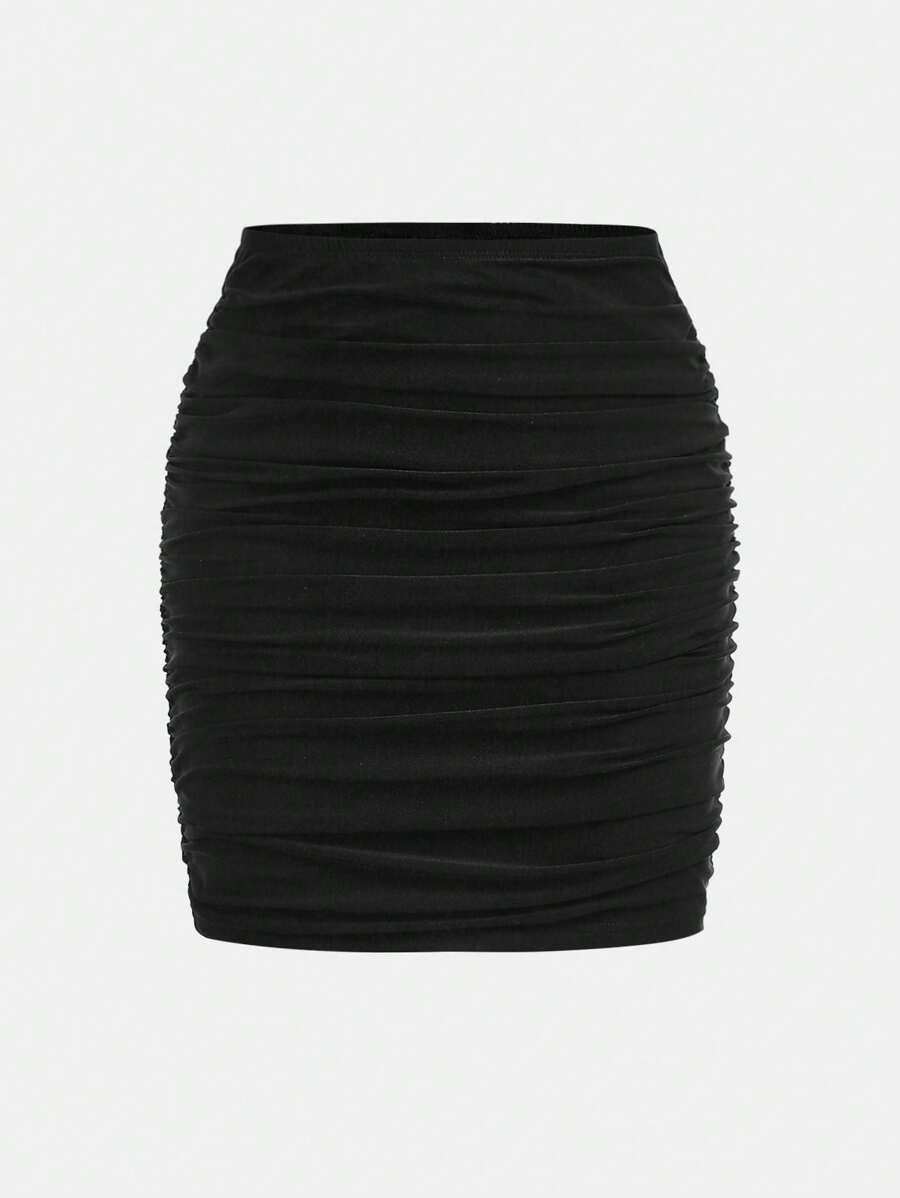 年轻女孩针织纯色梭织修身休闲黑色裙子 - 黑色 - 查看 1