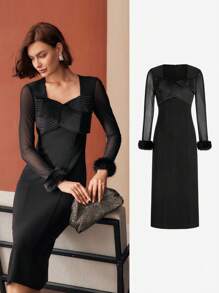 MOTF PREMIUM CONTRAST MESH FURRY CUFF DRESS - Black - View 2