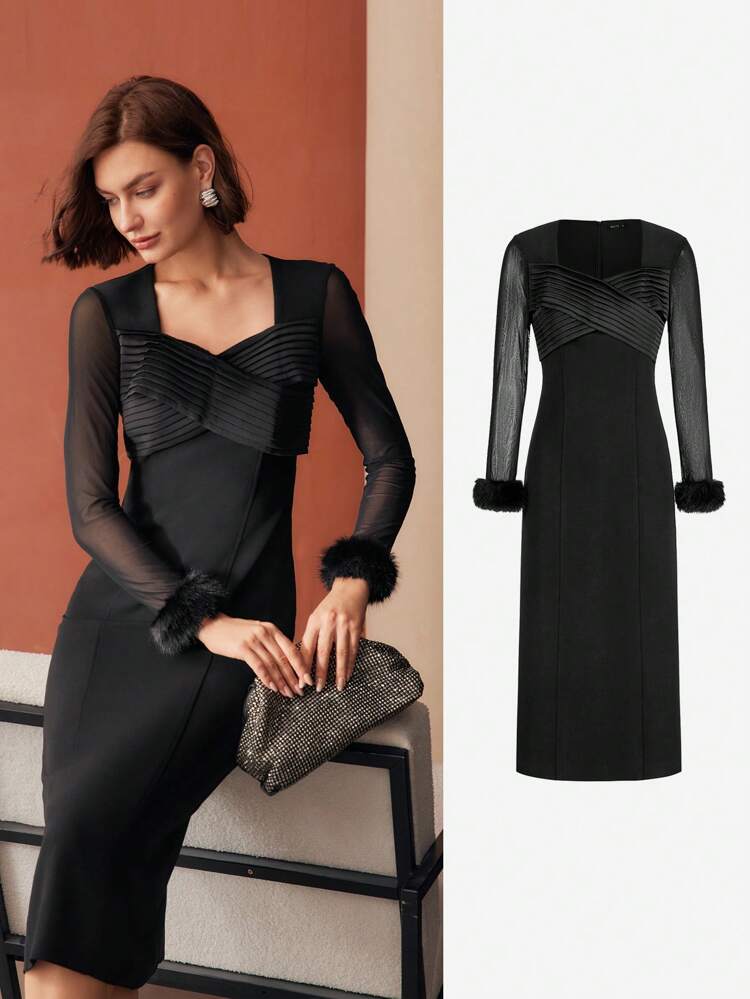CONTRAST MESH FURRY CUFF DRESS