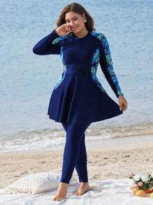 Swim Mulvari Plus Size Long Sleeve Printed Split Two-Piece Burkini SummerArabic Clothing - Blue - View 4
