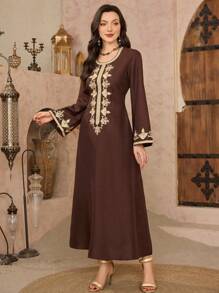 Al Najma Crew Neck Long Sleeve, Minimalist Casual Embroidery Detail Robe, Modest Kaftan - Coffee Brown - View 5