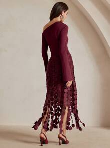 Anewsta Đầm tua rua tay dài cổ cao eo ôm gợi cảm, phong cách Âu Mỹ thanh lịch - Màu đỏ tím - Xem 2