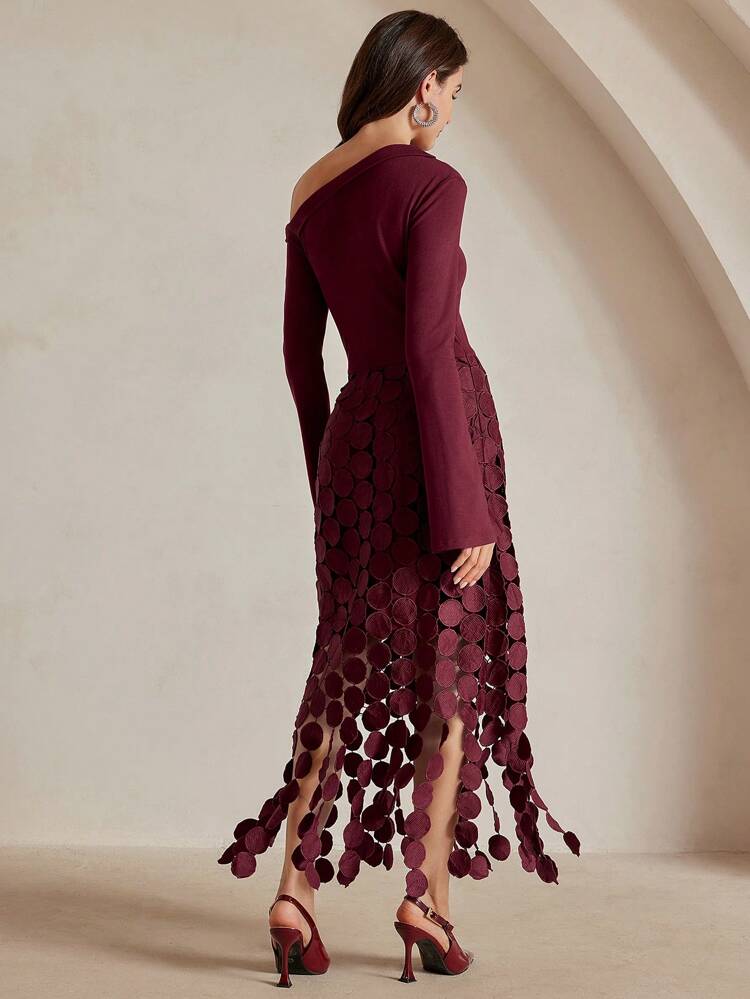 Sexy Slim Waist High Neck Hollow Out Long Sleeve Tasseled Dress, Elegant European And American Style