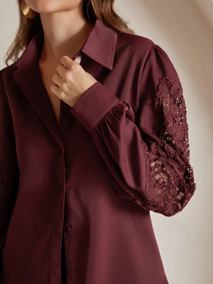 French Design Elegant Embroidered Lace Long Sleeve Blouse For Women