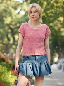 Skyraze Women Peach Pink Short Batwing Sleeve Sweater, Spring Knit Top, Suitable For Valentine's Day