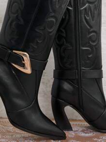 SHUZIA Women Cowboy Cute Western Styled Buckled Decor Black High Heeled Boots New Year Holiday - Black - View 5