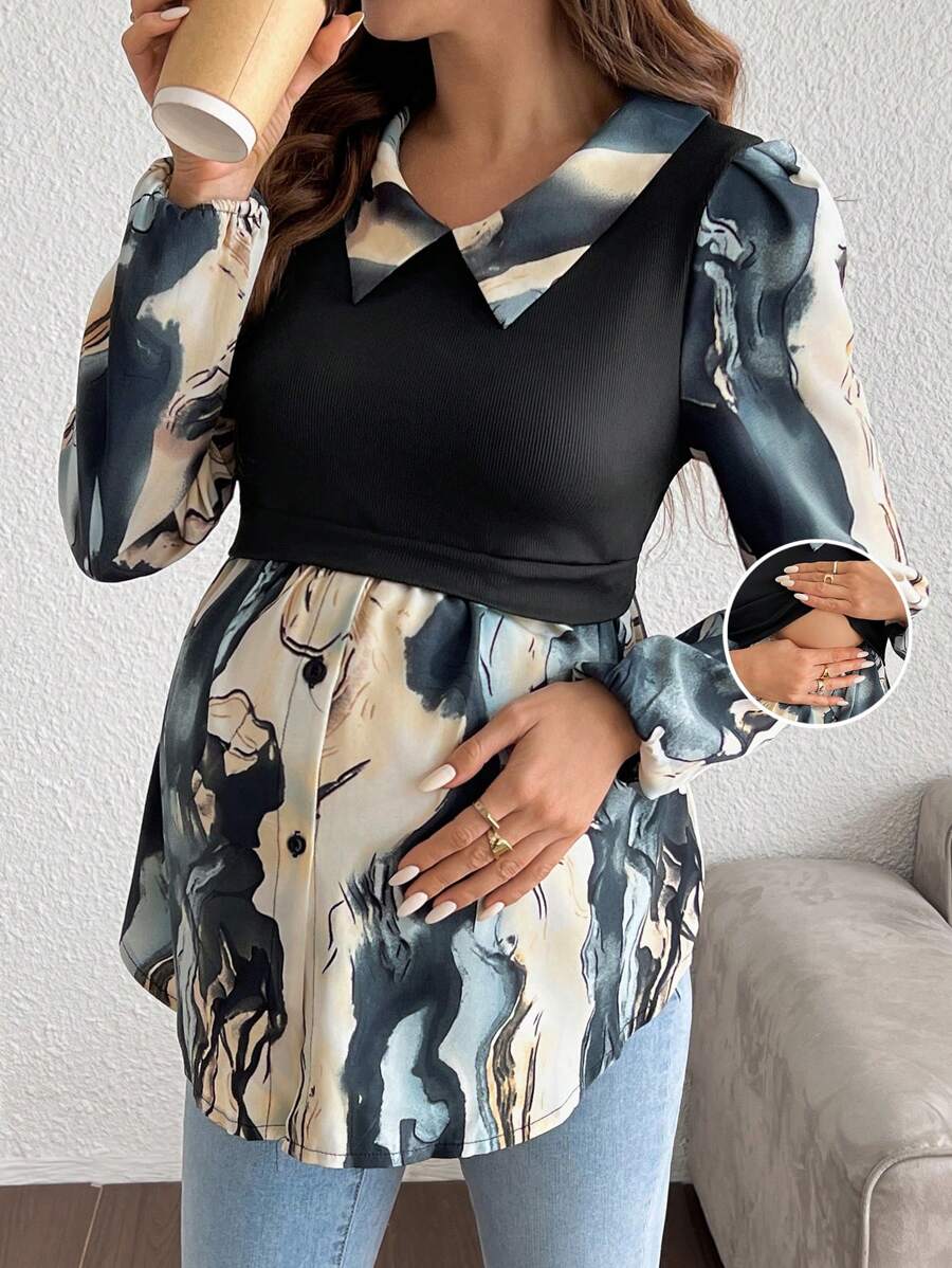 SHEIN Maternity Color Block Front Button Closure Casual Nursing Long Sleeve 2 In 1 Top - Multicolor - View 1