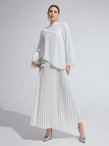 Modelyn Women's Elegant Solid Pleated Flared Sleeve Dress - White - View 7
