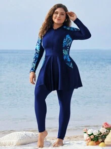Swim Mulvari Plus Size Long Sleeve Printed Split Two-Piece Burkini SummerArabic Clothing - Blue - View 3