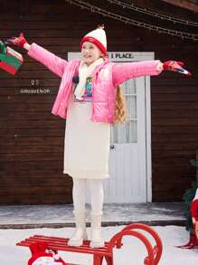 SHEIN 1 pezzo Cappotto imbottito per ragazze pre-adolescenti, con cappuccio e maniche lunghe, finitura lucida, comfort, adatto per attività all`aperto in città, uso quotidiano e andare a scuola, autunno/inverno - Rosa - Visualizzare 6