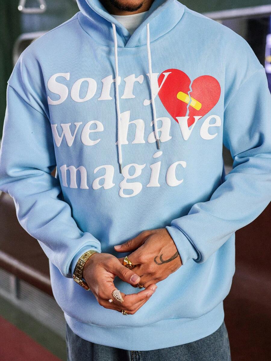 PAVTROS Sudadera con capucha con estampado de carta de amor del Día de San Valentín Manfinity Streetrush, tops para hombres, Día de San Valentín - Celeste - Ver 1