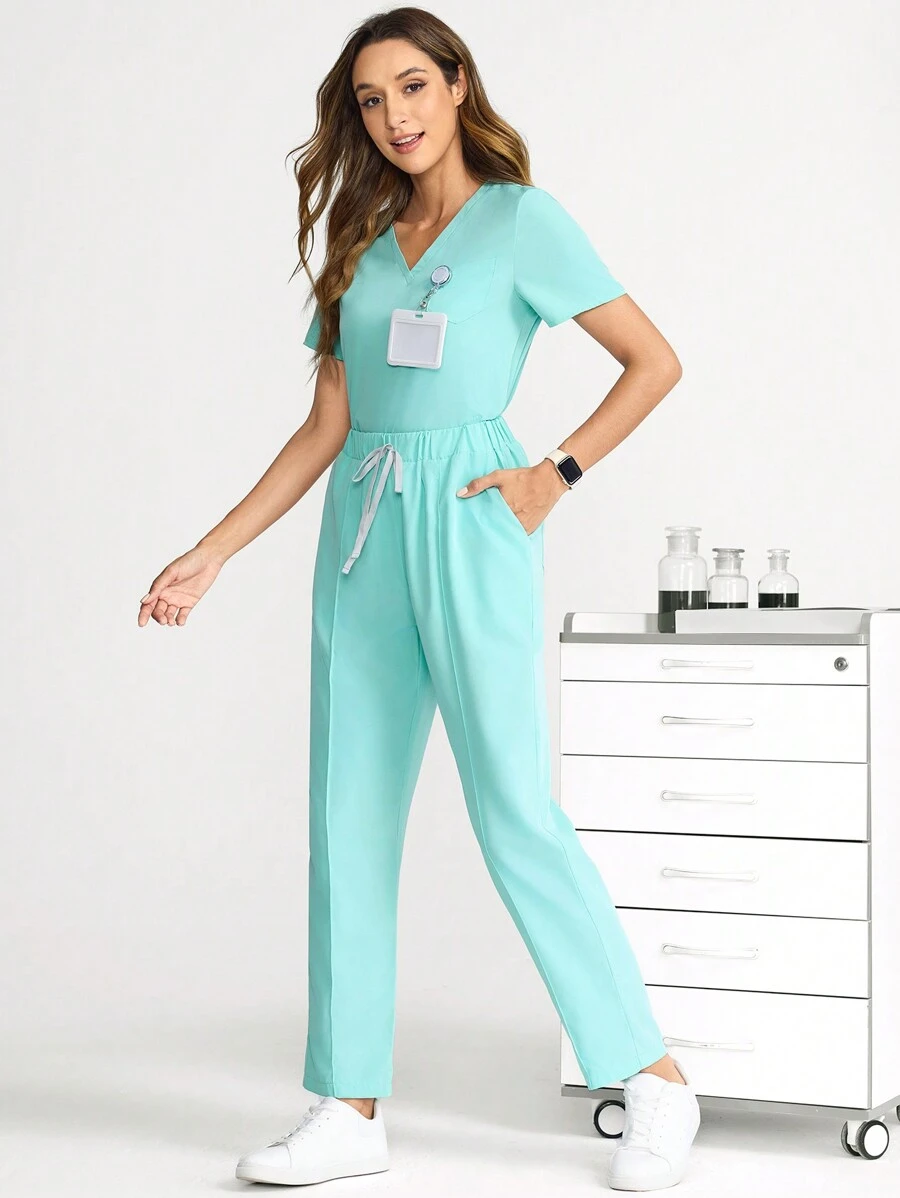 TaskEZ Solid Color Short Sleeve And Pants Scrub Uniform Set - Green - View 1