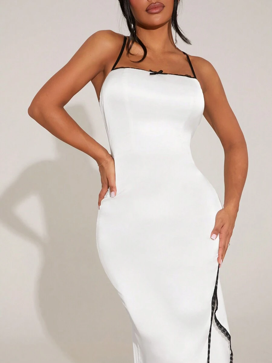 SHEIN SXY Elegant Contrast Color Lace Trim High Split Cami Dress