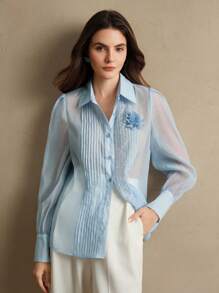 Anewsta Áo thun nữ xuân/hè mới ren chiffon chắp vá hoa thủ công trang trí thường ngày đi làm, lưới - Màu xanh lam - Xem 6