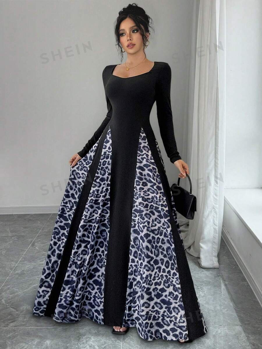 Chiquease Vestido de mujer de manga larga, cuello de corazón, estampado de leopardo en bloques de color, vestido largo de mujer para otoño/invierno