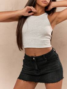 MISSGUIDED Distressed Denim Mini Skirt Raw Hem High Waisted Festival Summer Casual A-Line Jean Skirt Streetwear Fashion - Black - View 3