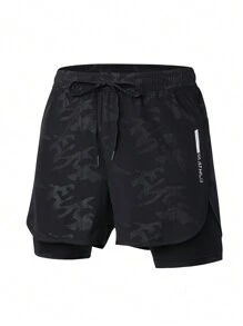 Manfinity Sport Corelite Men's Letter Printed Drawstring Waist Casual Sports Shorts Breathable Ultra Lightweight Quick Drying Minimalist Design Reflective Slim Fit For Gym Long Runs 2 In 1 Performance Shorts