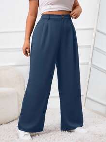SHEIN EZwear Plus Spring Plicated Detail Wide Leg Black Suit Pants