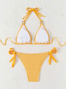 SHEIN Swim SXY طقم بكيني نسائي مصنوع من مواد ذات ملمس خاص على شكل عقدة من الخيزران، مناسب للصيف - أصفر - مشاهدة 8