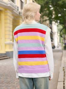 Skyraze Cardigan tricoté arc-en-ciel surdimensionné pour femmes, motif géométrique