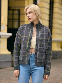 Skyraze Women's Plaid Cardigan With Pockets, Long Sleeve Casual Top For Daily Wear,Geometric Pattern - Dark Grey - View 4