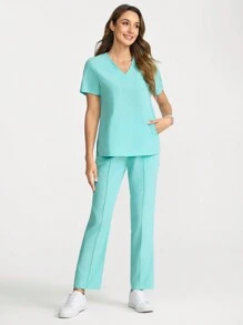 TaskEZ Solid Color Short Sleeve And Pants Scrub Uniform Set - Green - View 5