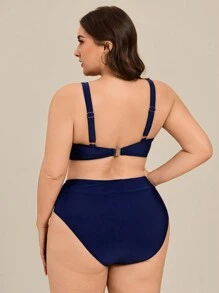 SHEIN Swim Navy Blue Solid Color Plus Size Women's Bikini Set Summer - Navy Blue - View 2