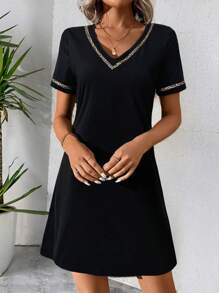 SHEIN LUNE V-Neck Leopard Print Splice Straight Mini Dress, Short Sleeve, Spring/Summer,Casual - Black - View 5