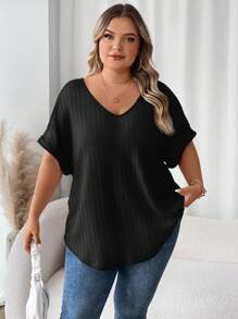SHEIN CURVE+ Plus Size V-Neck Ribbed Christmas T-Shirt With Thermal Lined, Autumn/Winter