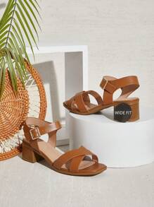 SHUZIA 宽版女式搭扣带交叉带方头木纹粗跟聚氨酯凉鞋 - 加大码舒适、时尚、百搭 - 棕色 - 查看 1