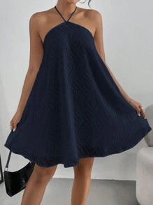 SHEIN Essnce 女士纯色露背简约休闲短款连衣裙 - 藏蓝色 - 查看 3