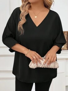 Plus Size Solid V-Neck Pullover Top, Casual Everyday Wear - Black - View 3