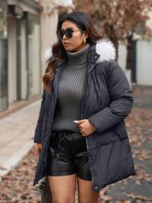 Calvaya Plus Size Front Zipper Long Sleeve Furry Patchwork Casual Hooded Coat, Winter Coat