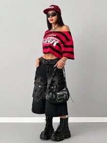 Coolane 女士夏季休闲运动 V 领露肩 T 恤、音乐节条纹服装 - 彩色 - 查看 5