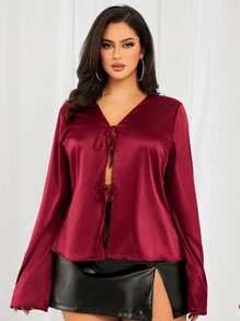SHEIN SXY Camisa de encaje con cordones de color rojo borgoña elegante y sexy para mujer de talla grande, adecuada para uso diario, vacaciones, playa, fiestas, citas, cumpleaños, despedida de soltera, fiestas, baile, citas de pareja, looks elegantes e informales, compras, uso diario, actividades al aire libre, resalta tu figura