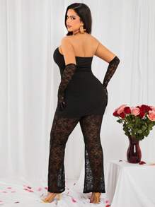 SHEIN SXY Conjunto de dos piezas de top de punto bandeau negro sexy y pantalones de encaje para mujer de talla grande, apto para uso diario, cita nocturna, cumpleaños, despedida de soltera, fiesta, baile de graduación, cita en pareja, elegante, casual, compras, ropa de calle, al aire libre, coqueto, fácil de combinar y estilizador, resalta tu figura, favorece tu silueta