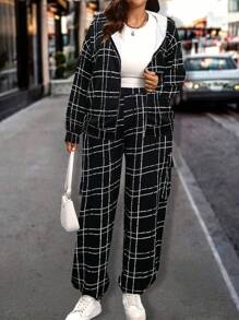 SHEIN LUNE 2 件套大码女式针织黑白条纹印花纹理拉链连帽衫夹克和松紧腰裤，休闲街头风格，秋季春季 - 黑色 - 查看 1